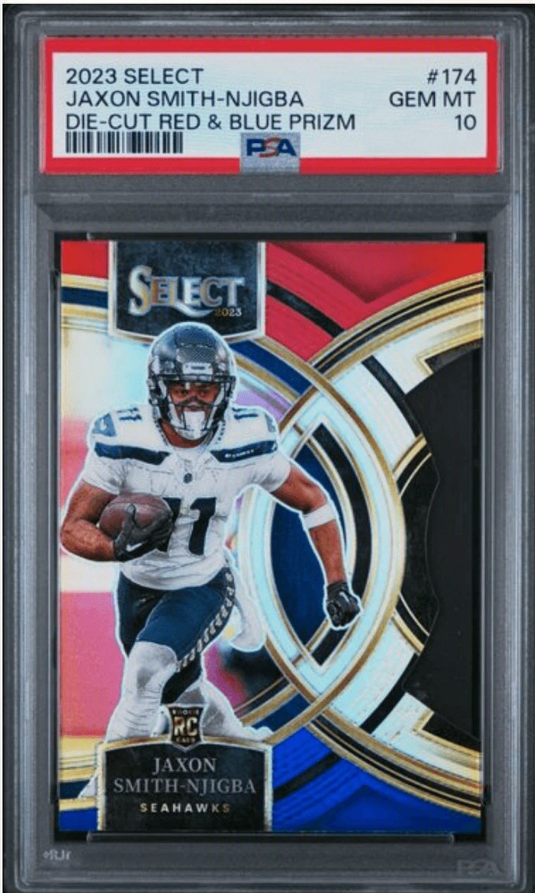 Jaxon Smith-Njigba 2023 Select Die-Cut Red and Blue Prizm PSA 10